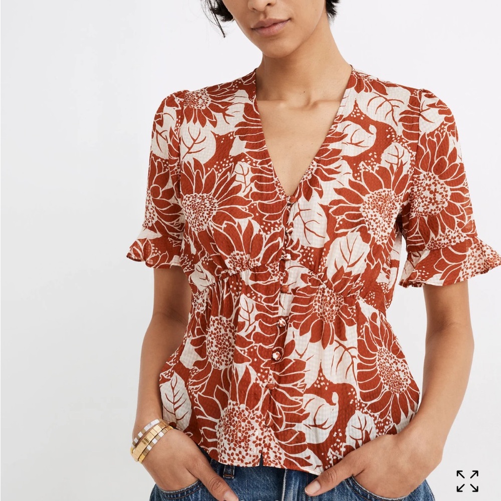Madewell 100% Silk Journal Keyhole-Sleeve Top Sunflower Size 2